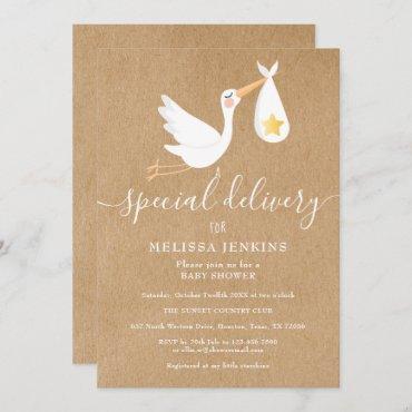 Rustic Special Delivery Stork Baby Shower Sprinkle Invitation