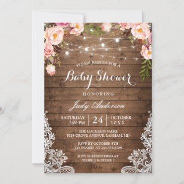 Rustic String Lights Lace Floral Baby Shower Invitation