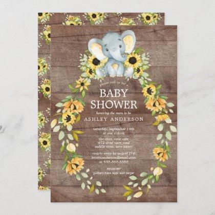 Rustic Sunflower & Baby Elephant Baby Shower Invitation