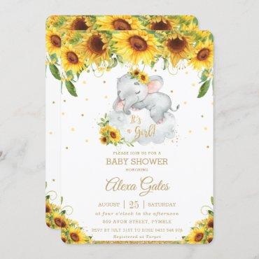 Rustic Sunflower Cute Elephant Baby Shower Girl Invitation