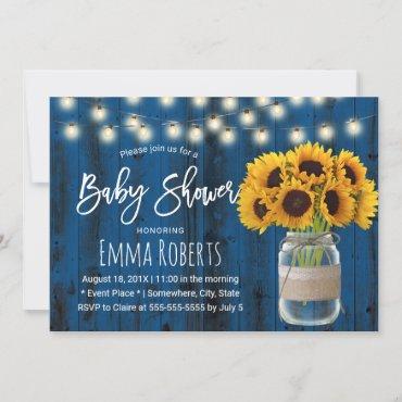 Rustic Sunflower Mason Jar Blue Wood Baby Shower Invitation