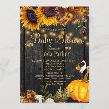 Rustic sunflowers barn wood autumn baby shower invitation