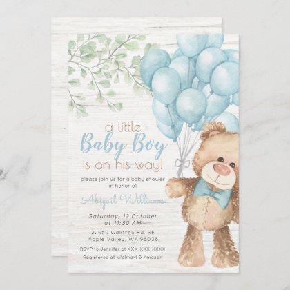 Rustic Watercolor Blue Bear Boy Baby Shower Invitation