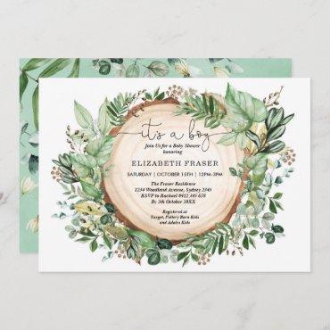 Rustic Watercolor Greenery Forest Boy Baby Shower Invitation