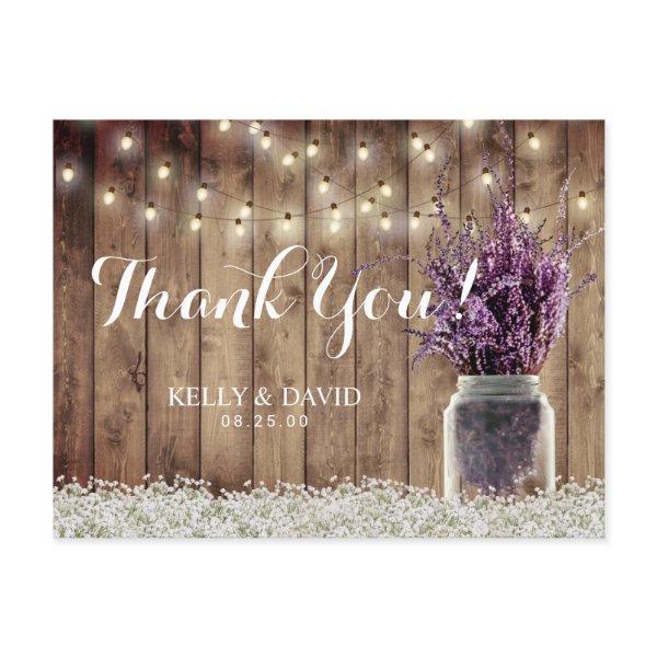 Rustic Wedding String Light Lavender Jar Thank You Postcard