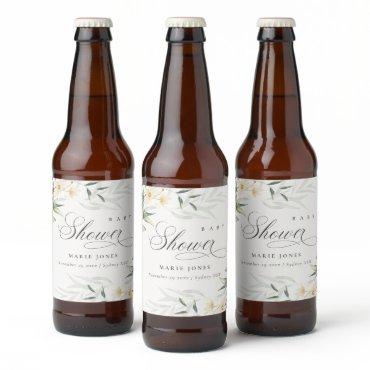 Rustic White Greenery Floral Bunch Baby Shower Beer Bottle Label