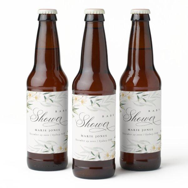 Rustic White Greenery Floral Bunch Baby Shower Beer Bottle Label