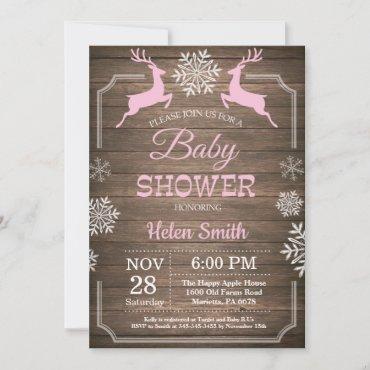 Rustic Winter Deer Snowflake Girl Baby Shower Invitation