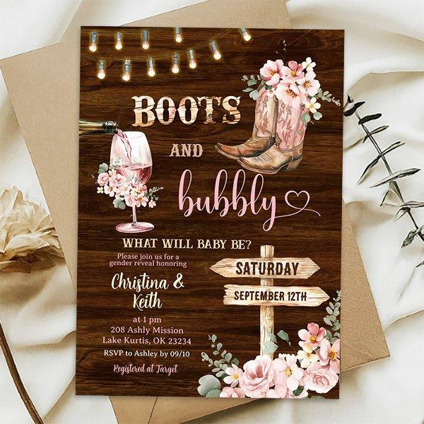 Rustic Wood Background Floral Boots and Bubbly
