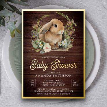 Rustic Wood Cute Bunny Floral Baby Shower Gold Foil