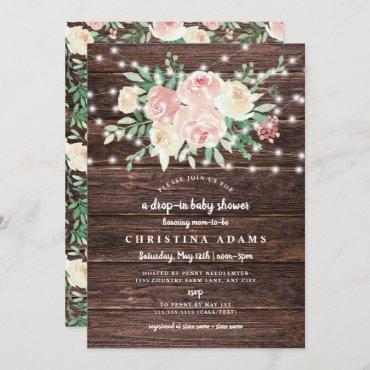 Rustic Wood Floral lights drop in girl baby shower Invitation