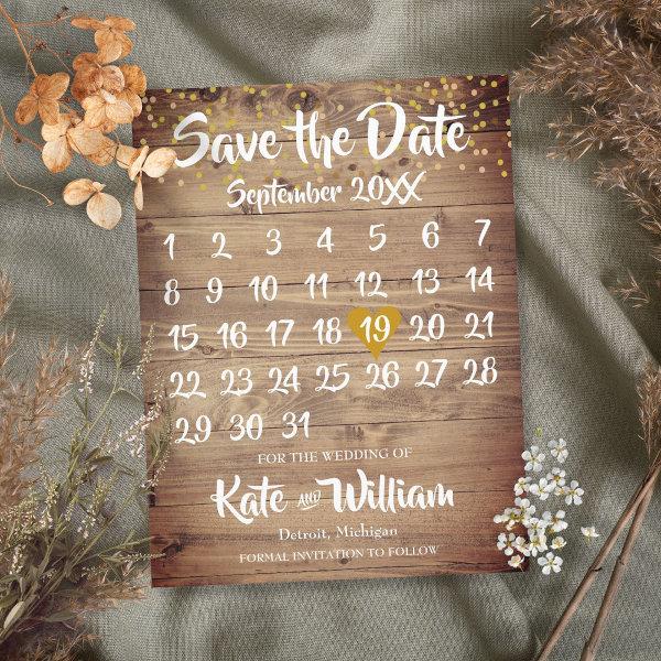 Rustic Wood Gold Love Heart Calendar Save the Date Announcement Postcard