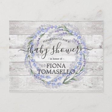 Rustic Wood Lavender Floral Wreath Baby Shower Invitation Postcard