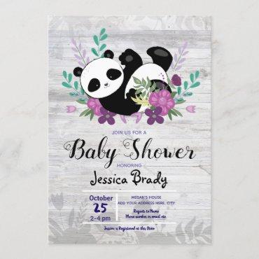 Rustic Wood Panda with Purple Flowers Baby Shower Invitation