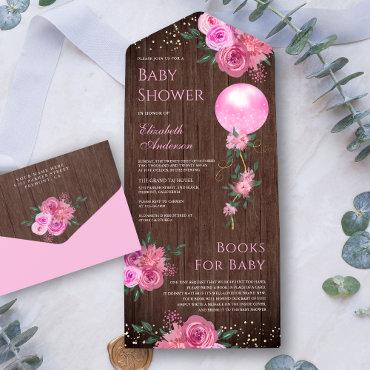 Rustic Wood Pink Floral Balloon Girl Baby Shower All In One