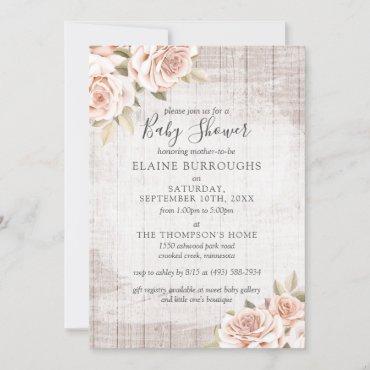 Rustic Wood & Shabby Chic Roses Floral Baby Shower Invitation
