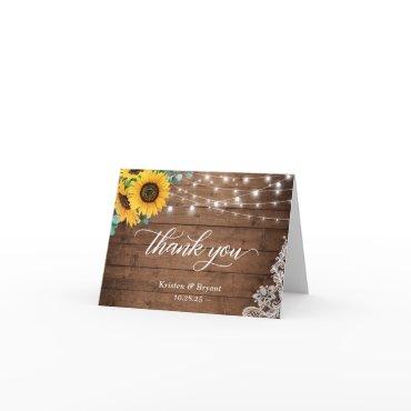 Rustic Wood Sunflower String Lights Lace Thank You Card