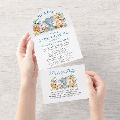 Safari Animals Boy Blue Baby Shower and Books All In One