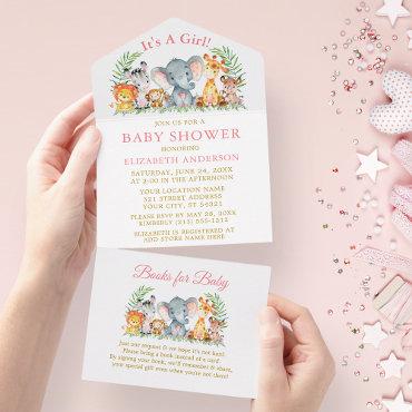 Safari Animals Girl Pink Baby Shower and Books All In One