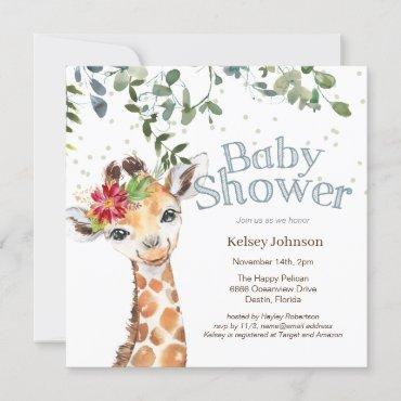 Safari Jungle Girl Giraffe Blue Baby Shower Invitation