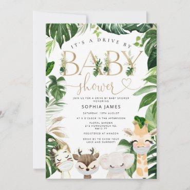 Safarin animals with fask Drive by baby shower Invitation