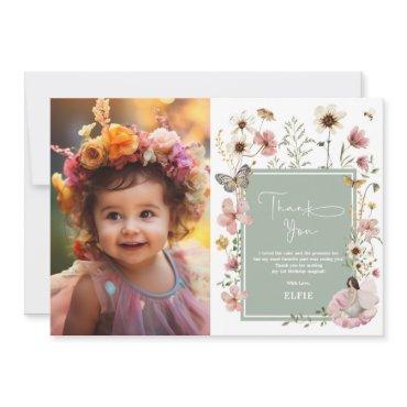 Sage Boho Fairy Wildflower Girl Birthday Photo Thank You Card