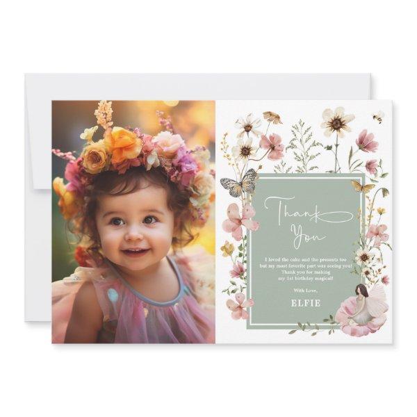 Sage Boho Fairy Wildflower Girl Birthday Photo Thank You Card