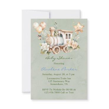 Sage Dusty Blue Train Boy Baby Shower Invites