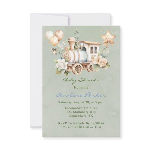 Sage Dusty Blue Train Boy Baby Shower Invites