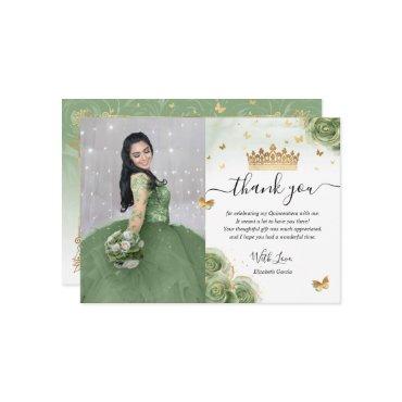 Sage Green and Gold Quinceañera Photo Birthday Thank You Card