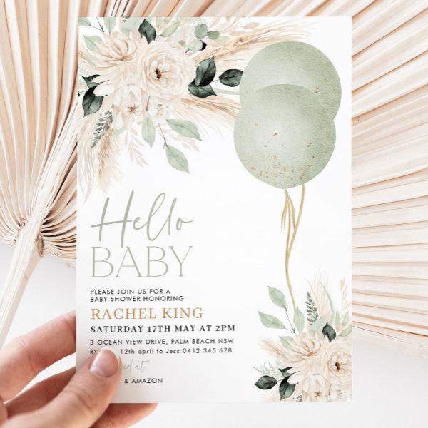 Sage Green Balloons Floral Baby Shower