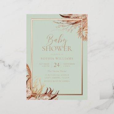 Sage Green Boho Chic Baby Shower Real Rose Gold Foil Invitation