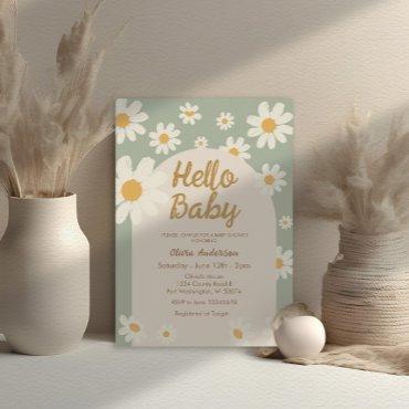 Sage Green Daisy Hello Baby Retro Baby Shower