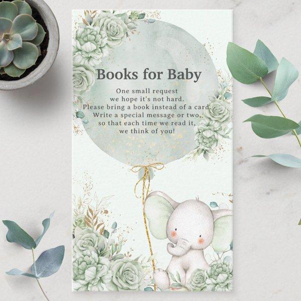 Sage Green Floral Elephant Neutral Books for Baby Enclosure Card