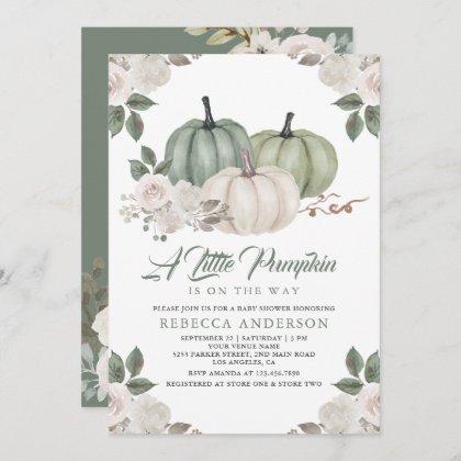 Sage Green Pumpkin Floral Fall Baby Shower Invitation