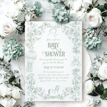 Sage Green Toile Floral Bow Bear