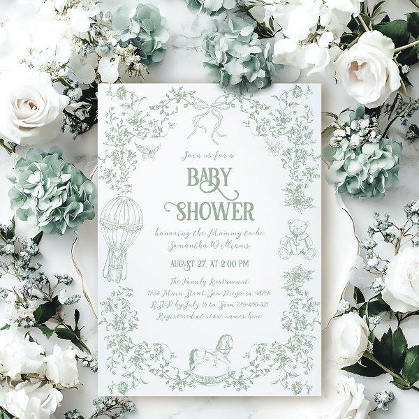 Sage Green Toile Floral Bow Bear