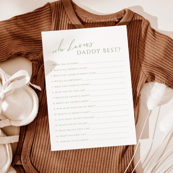 Sage Green Who Knows Daddy Baby Shower Game Card