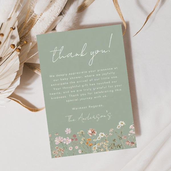 Sage Green Wildflower Baby in Bloom Baby Shower Thank You Card