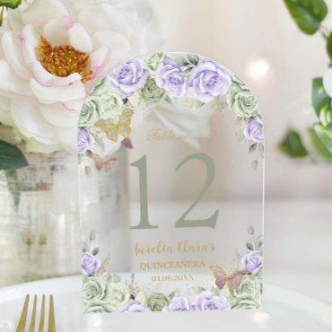 Sage Lilac Floral Gold Quinceañera 16 Table Number