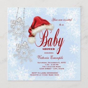 Santa Hat and Snowflakes Christmas Baby Shower Invitation