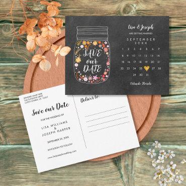 Save the Date Calendar Heart Mason Jar Chalkboard Postcard