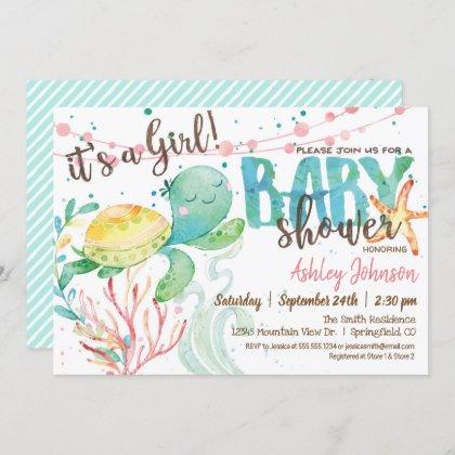 Sea Turtle Ocean Baby Shower invitation, Girl Invitation