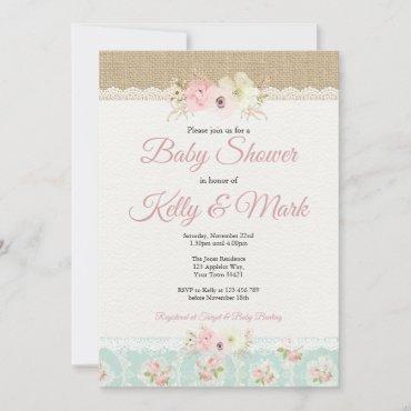 Shabby Chic Burlap & Lace Girl Baby Shower Invitation