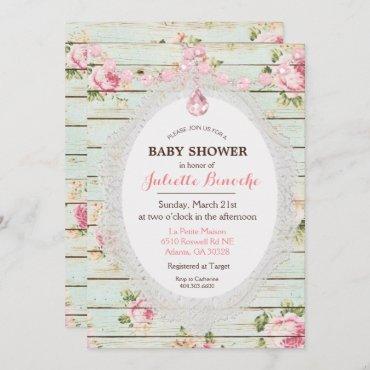 Shabby Chic Floral Wood Baby Shower Invitation