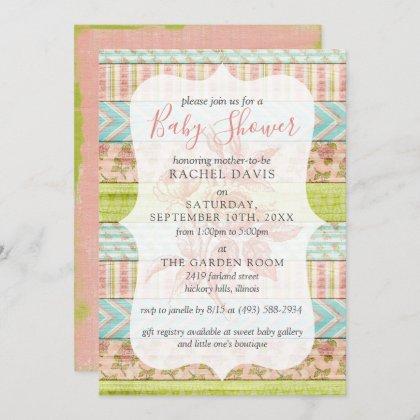 Shabby Chic Roses Rustic Wood Floral Baby Shower Invitation