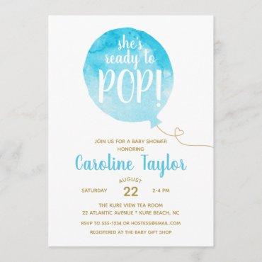 She's Ready to Pop Blue & Gold Baby Shower Invitation