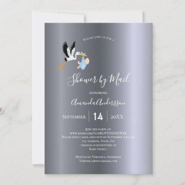 Shower by mail stork baby boy silver cute invitation