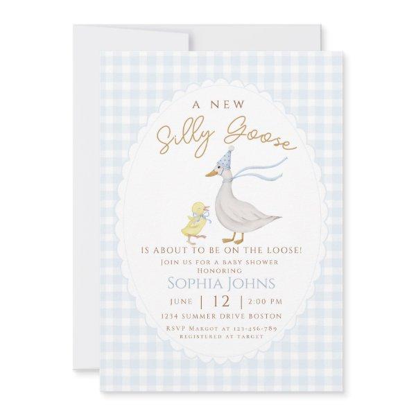 Silly Goose Blue Gingham Bow Duck Boy Baby Shower