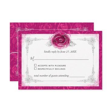 Silver and Fuchsia Roses Elegant RSVP Card